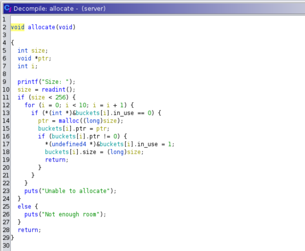 A screenshot of the allocate function in the binary