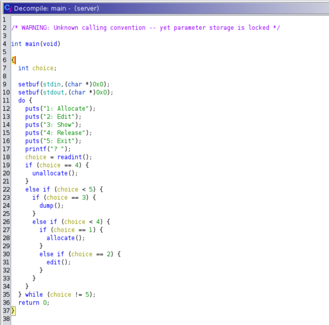 A screenshot of the main function in the binary